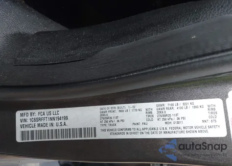 2022 Ram 1500 Big Horn 4X4 5'7 Box z USA, uszkodzony, nr VIN 1C6SRFFT1NN194199